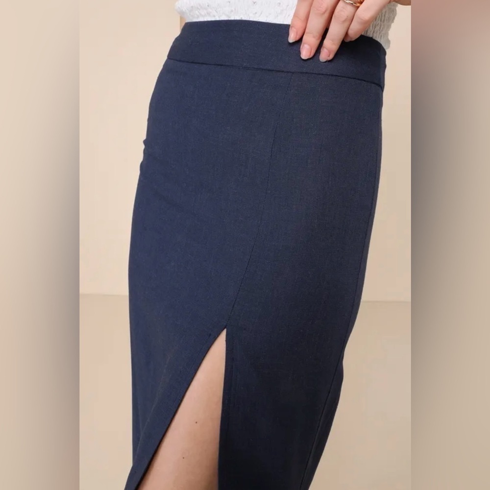 Lulus Navy Blue Linen High Rise Midi Skirt - Picture 2 of 6